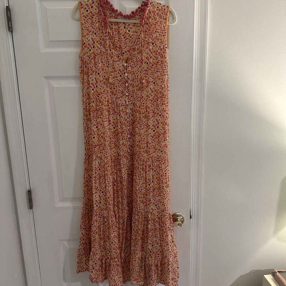 Poupette St Barth Women's Maxi Dress Large Orange Pink Pom Pom Ruffle Trim